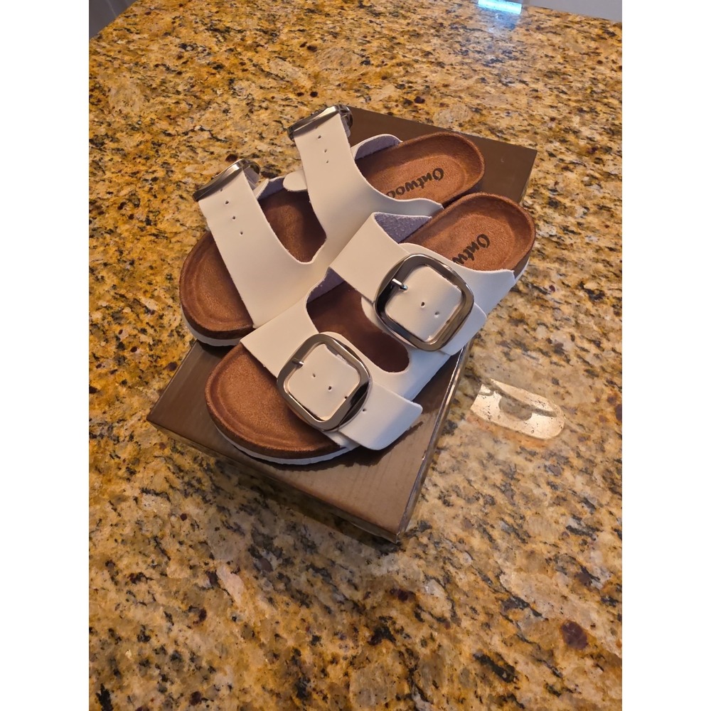 Outwoods Women's White Double Buckle Adjustable Slide Sandals US 5
